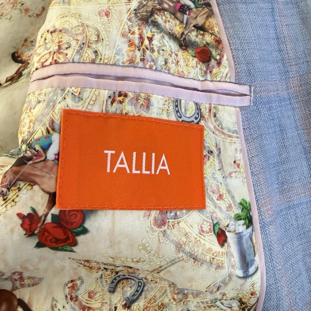 Tallia Mens 40S Blue Pink Windowpane Plaid 100% Linen Sport Coat Blazer Jacket